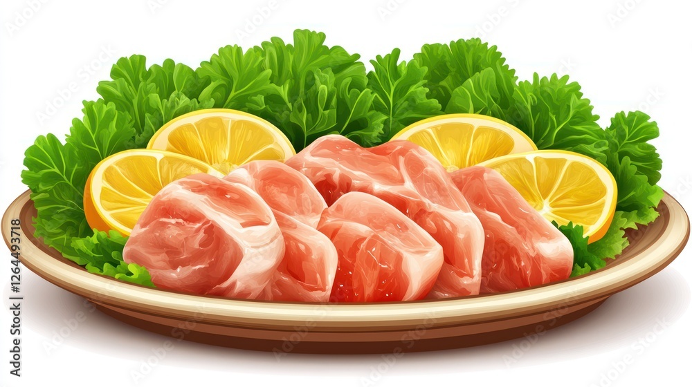 Fresh Pork Chops with Lemon and Lettuce: A delectable platter of succulent, raw pork chops glistening with freshness, adorned with vibrant green lettuce and juicy lemon wedges. Fresh Pork Chops with Lemon and Lettuce: A delectable platter of succulent, raw pork chops glistening with freshness, adorned with vibrant green lettuce and juicy lemon wedges.