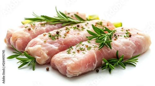 Chicken Roulades with Rosemary: Three succulent chicken roulades, seasoned with herbs and spices, are artfully arranged with fresh rosemary sprigs.  Ready for cooking and brimming with flavor.