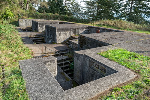 An overhead view of the concrete bunkers at the decommissioned Battery in Fort Columbia State Park, Washington, USA