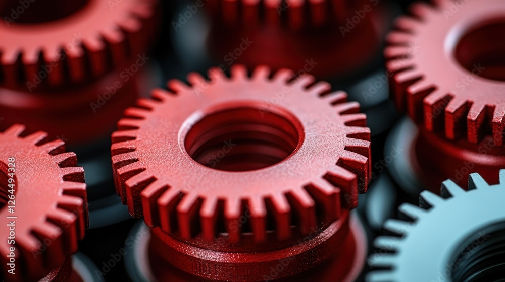 Intricate Red Gears: A Close-Up of Precision Engineering Intricate Red Gears: A Close-Up of Precision Engineering