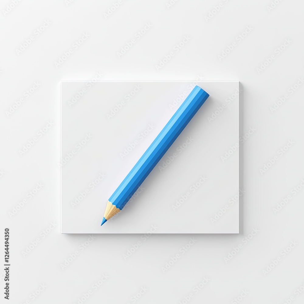 Blue pencil on blank notepad, top view, white background Blue pencil on blank notepad, top view, white background