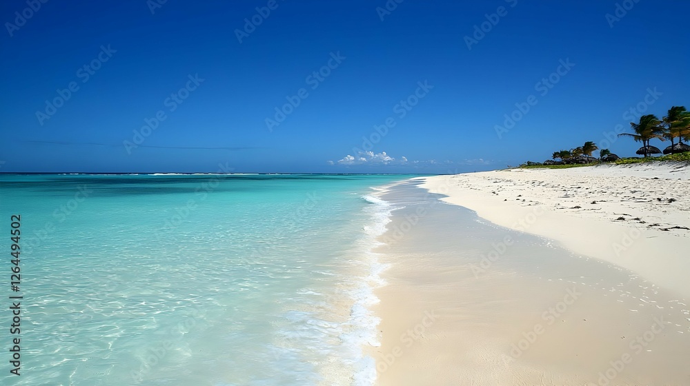 Tranquil White Sand Beach With Turquoise Ocean And Blue Sky Tranquil White Sand Beach With Turquoise Ocean And Blue Sky