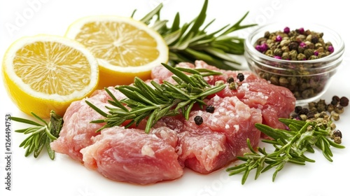 Freshness and Flavor: A tantalizingly close-up view of raw pork tenderloin, perfectly seasoned with fresh rosemary sprigs and a touch of peppercorns, and garnished with juicy lemon wedges. photo