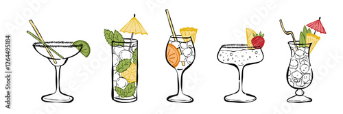 Tropical cocktails minimalist drawings. Modern simple drinks collection