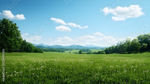 Bright Sunny Day in a Lush Green Meadow with Rolling Hills