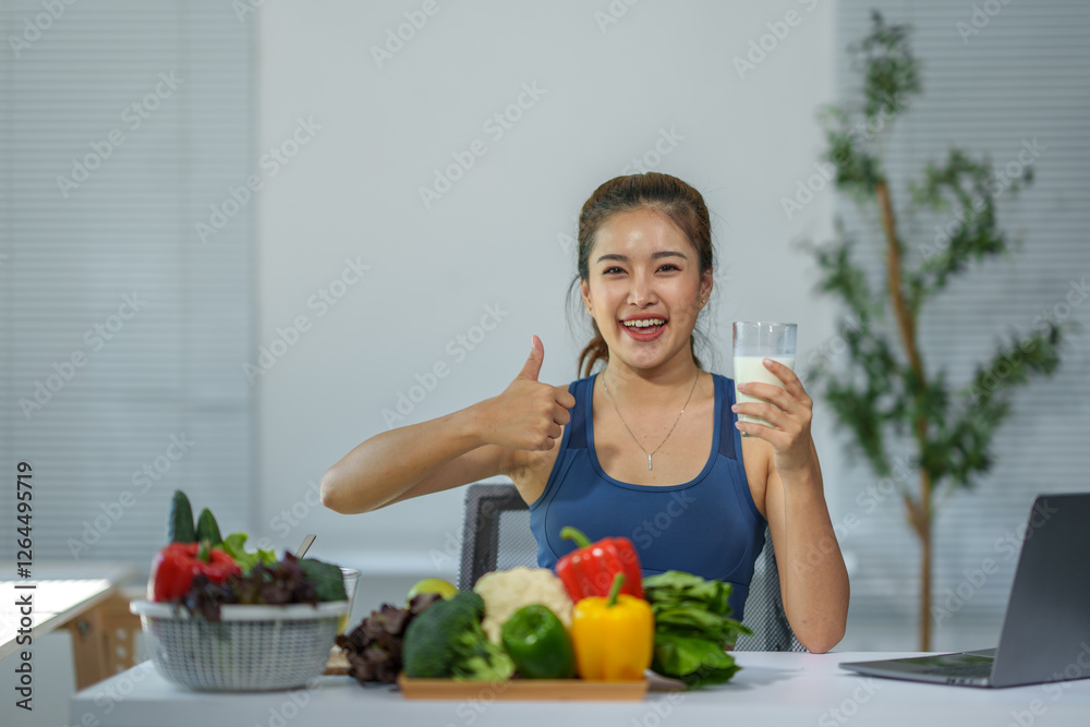 Happy sporty woman gesturing thumbs up while holding a glass of milk and sitting at a table with healthy vegetables, promoting a healthy lifestyle with a balanced diet Happy sporty woman gesturing thumbs up while holding a glass of milk and sitting at a table with healthy vegetables, promoting a healthy lifestyle with a balanced diet