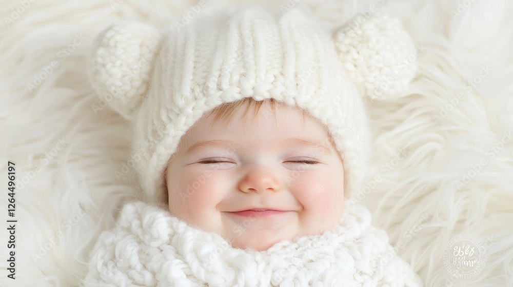 Happy baby in knitted hat, fluffy blanket, winter photoshoot, newborn portrait Happy baby in knitted hat, fluffy blanket, winter photoshoot, newborn portrait
