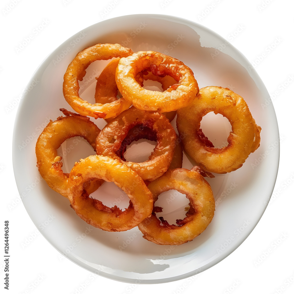 Crispy golden onion rings on a white plate isolated on transparent background Crispy golden onion rings on a white plate isolated on transparent background