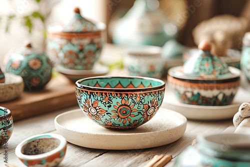 unique hand painted ceramic bowl with intricate patterns, surrounded by matching dishes, showcasing vibrant colors and artistic design