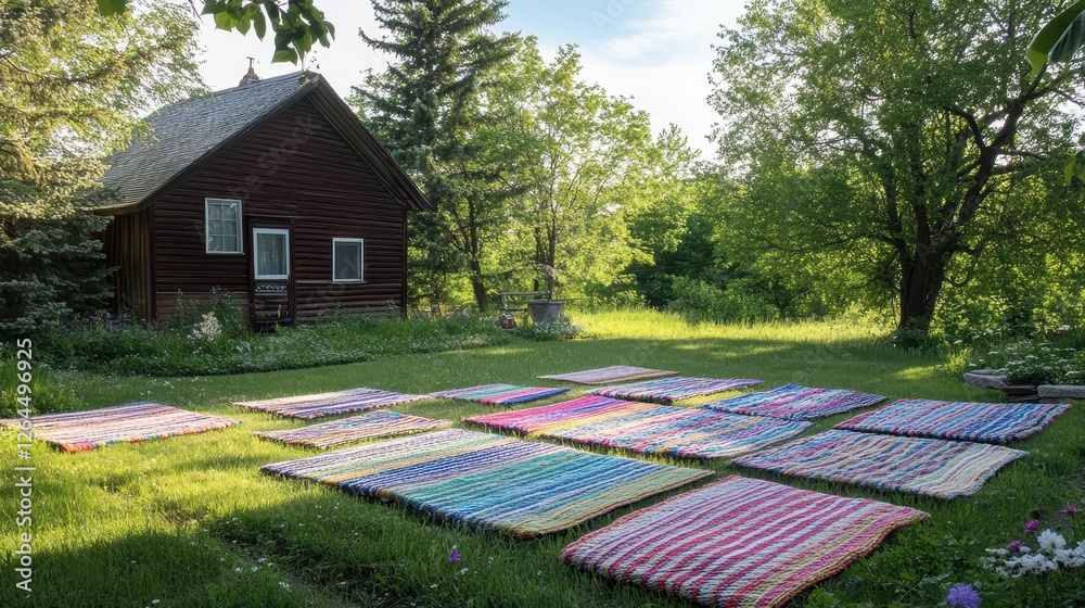 Fototapeta premium Cozy Outdoor Scene with Colorful Rugs on Green Grass and Rustic Cabin