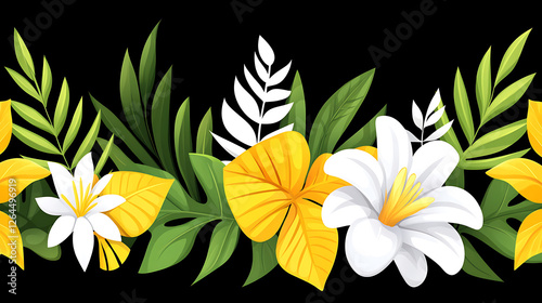 Elegant Tropical Floral Arrangement with White and Yellow Flowers and Green Leaves on Black photo