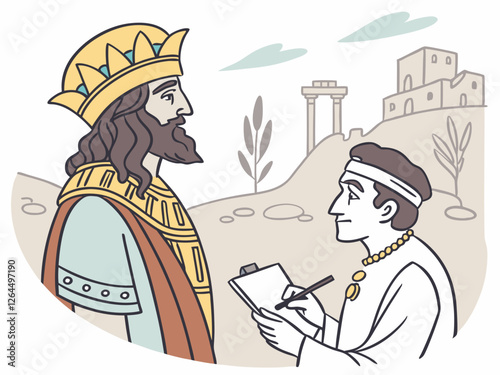King and Scribe: A majestic king in regal attire engages in conversation with a scribe taking notes on a clipboard, against the backdrop of a serene landscape with ancient ruins.