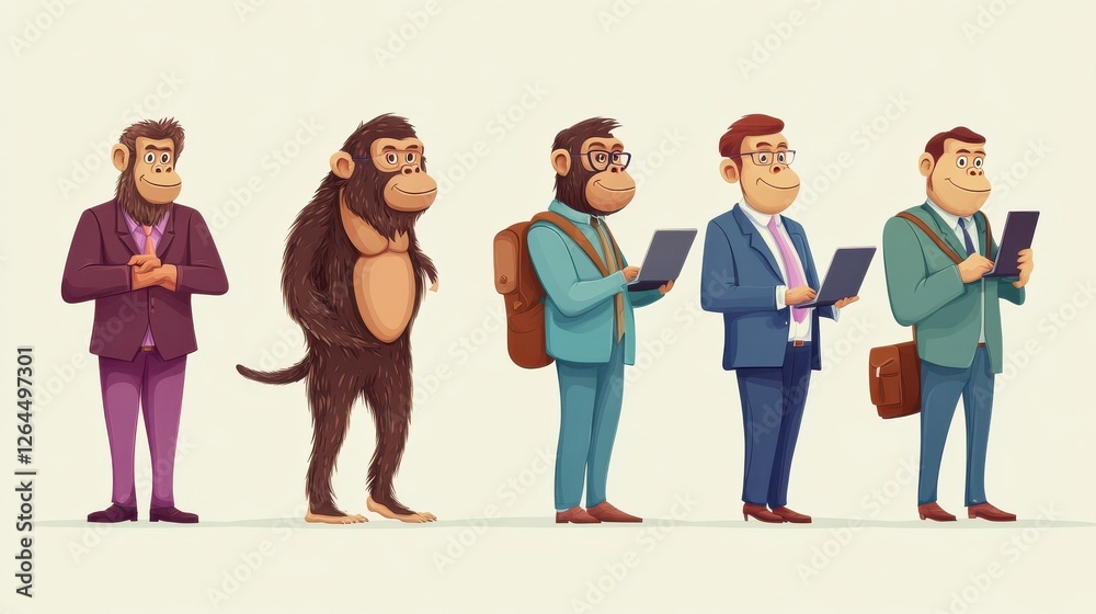 Naklejka premium Human evolution. From monkey to businessman and computer user. Cartoon vector characters evolution human, ape and ancestors illustration