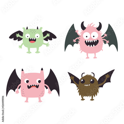 Set of Winged Cute Crazy Ugly Monster Cartoon Character with Humor Happy Expression