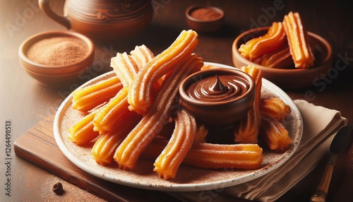 Crispy churros dusted with sugar, served with chocolate sauce
