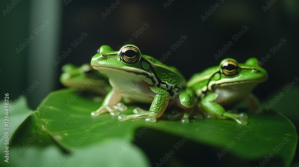 Naklejka premium Emerald Symphony Three Frogs Harmonizing on a Green Leaf Pad Enchanting Nature Scene Photography