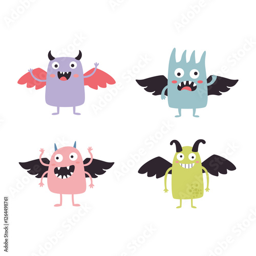 Set of Winged Cute Crazy Ugly Monster Cartoon Character with Humor Happy Expression