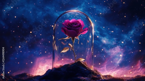 Fototapeta Naklejka Na Ścianę i Meble -  Beautiful rose encapsulated in glass dome against a cosmic background with stars and vibrant colors. Generative AI