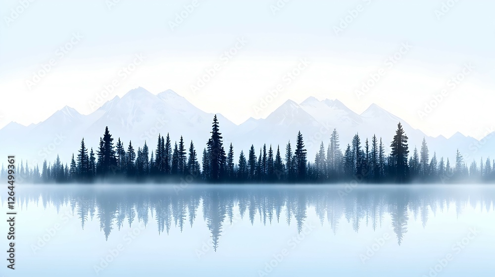Fototapeta premium Serene Winter Landscape: Blue Mountains Reflected in a Misty Lake