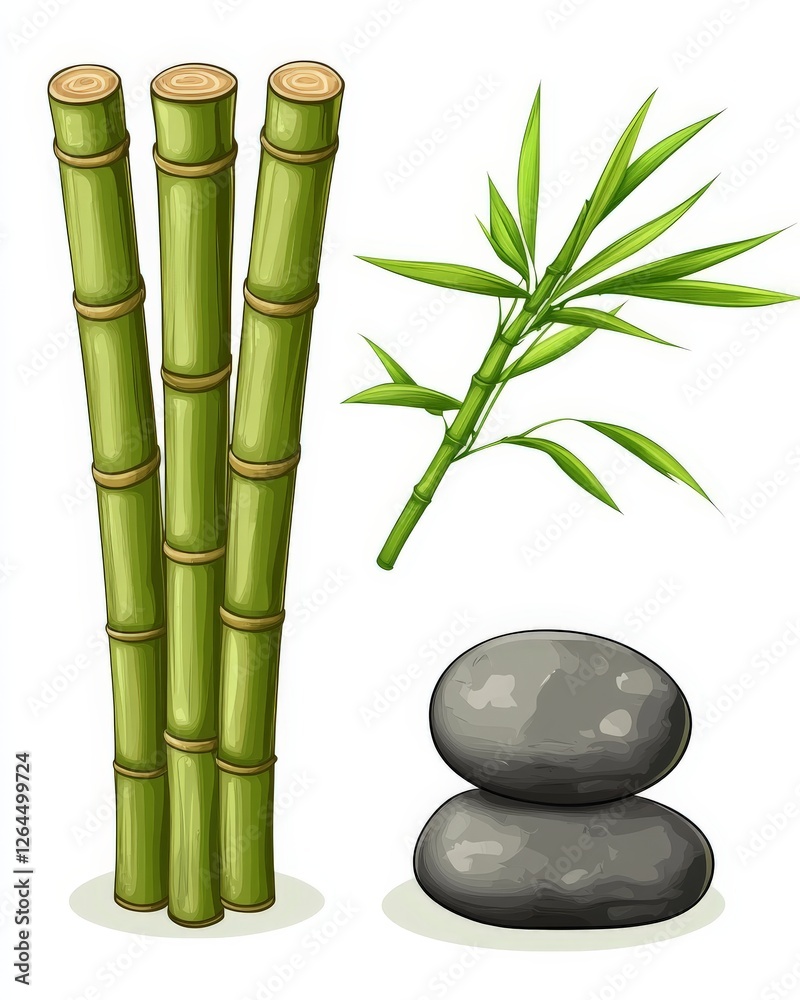 Fototapeta premium Bamboo stems with green leaves and zen stones in minimalist design, symbolizing tranquility, harmony, and balance in eco friendly, nature inspired concepts