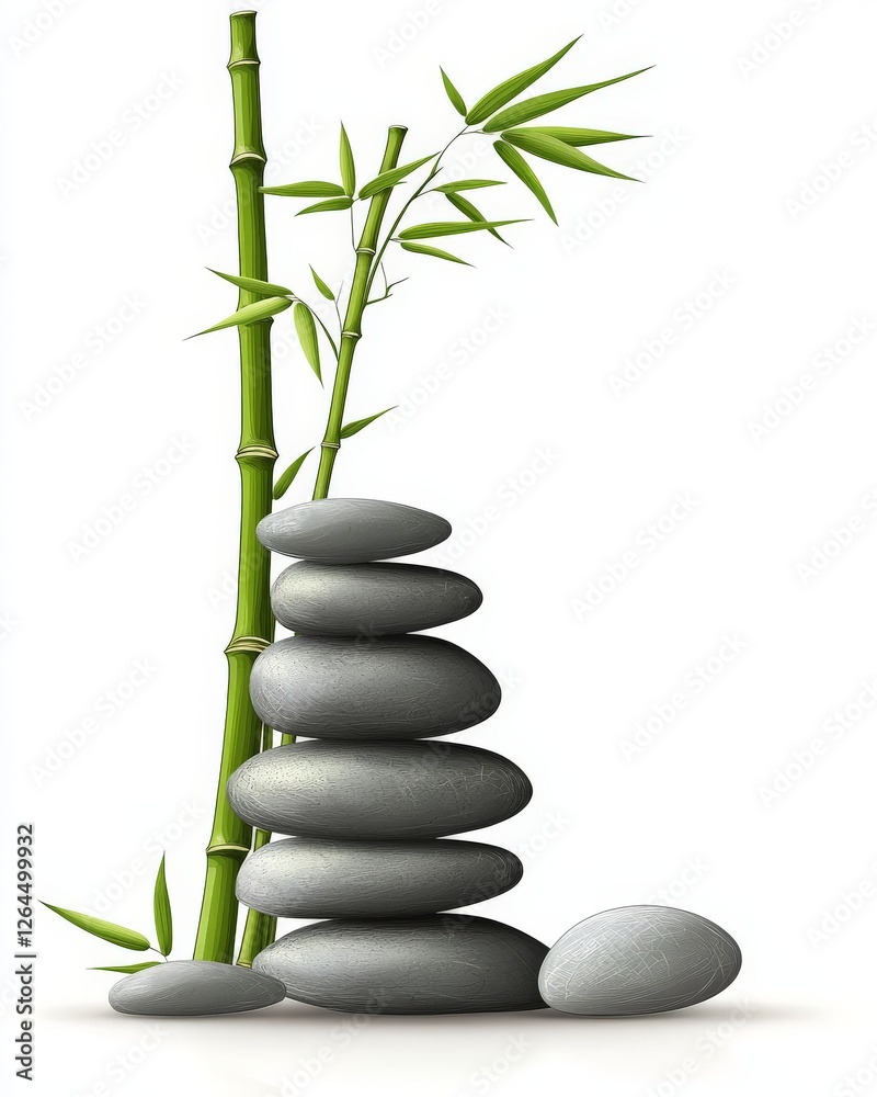 Balanced stack of smooth zen stones with bamboo stem and vibrant sunlight backdrop, symbolizing tranquility, mindfulness, and nature inspired aesthetics