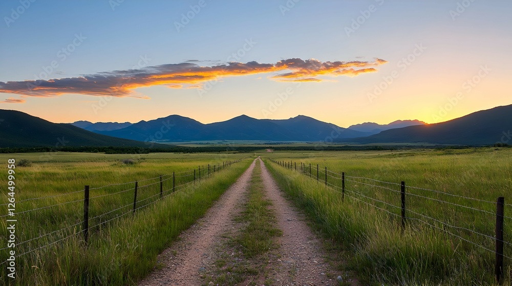 Obraz premium Serene Sunset Landscape with a Country Road Winding Through a Wildflower Field and Mountains