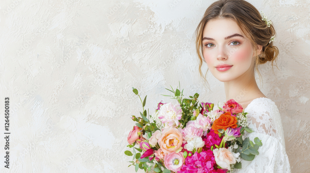 Naklejka premium young woman holds vibrant bouquet of flowers, showcasing beauty and elegance. soft background enhances her serene expression
