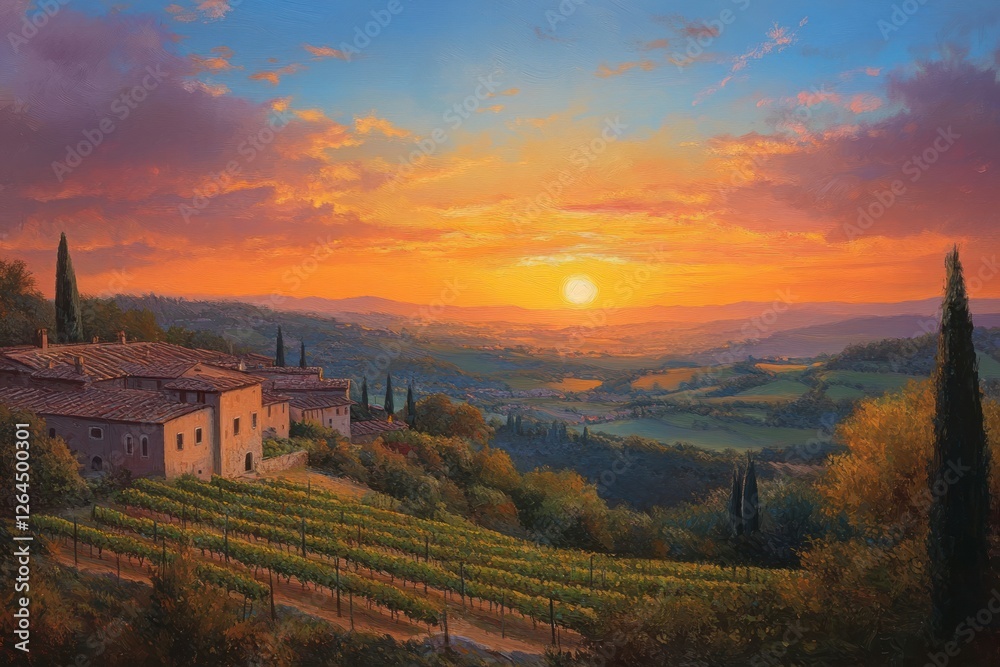 Naklejka premium Tuscan Sunset Vineyard Landscape Painting Golden Hour Scenery