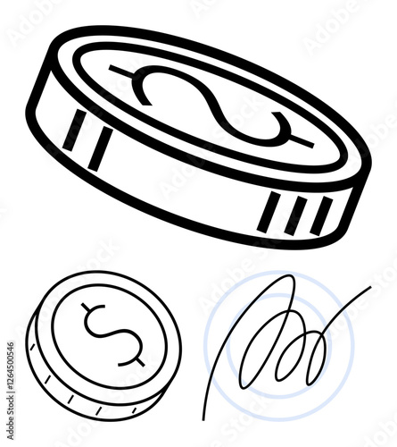 Coin with dollar sign and signature, single color style. Ideal for finance, banking, investments, savings currency economics contracts. Linear metaphor. Line metaphor. Simple line icons