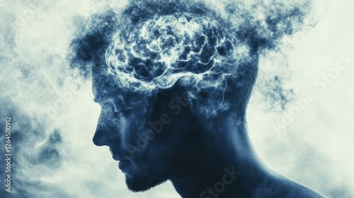 an abstract representation of brain fog depicting human head silhouette with clouded or obscured brain symbolizing difficulty in thinking concentration and mental clarity