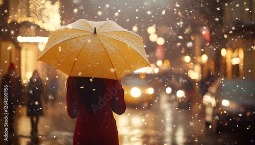 Wallpaper Mural Woman with yellow umbrella in snowy city night Torontodigital.ca