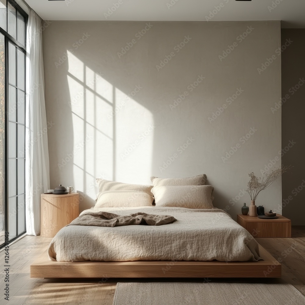 Fototapeta premium Light illuminates a calming bedroom with platform bed and linens