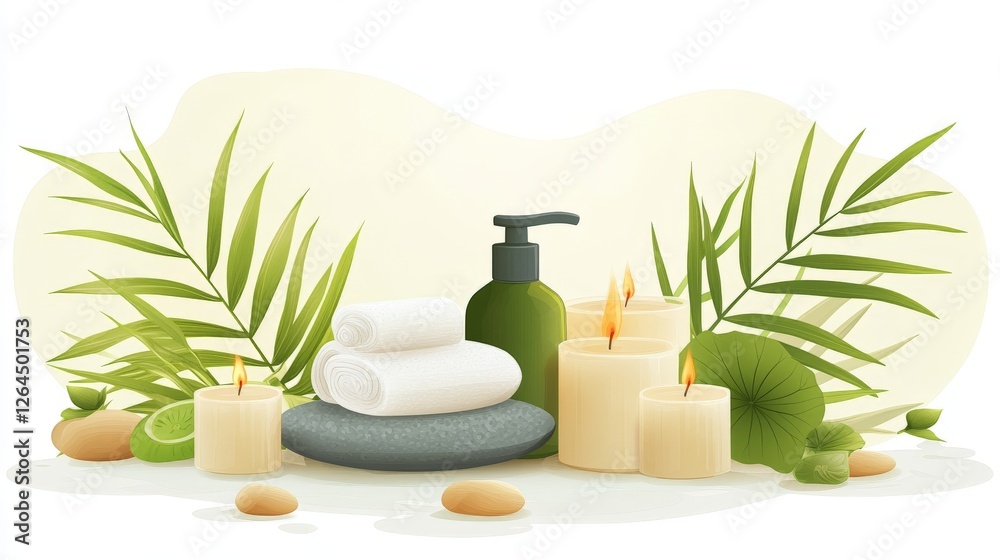 Wellness setup with candles, stones, and essential oils amidst lush greenery for calming and holistic spa inspired compositions Wellness setup with candles, stones, and essential oils amidst lush greenery for calming and holistic spa inspired compositions