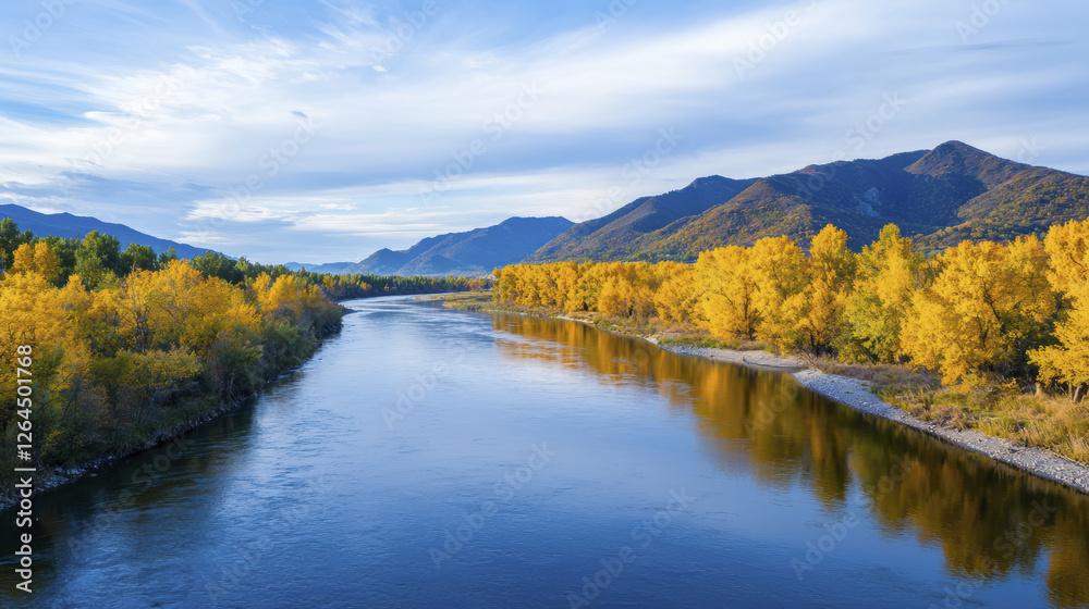 serene river flows through vibrant autumn trees, reflecting mountains serene river flows through vibrant autumn trees, reflecting mountains
