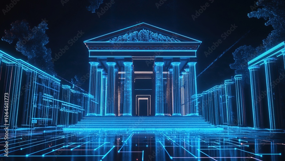 Obraz premium Digital Architecture: Exploring Futuristic Classical Building Designs with Neon Lines and Glowing Circuits in a Virtual World.