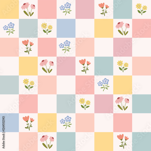 Cute spring seamess pattern checkered pastel backdrop with different springtime flower simple doodles. Beautiful Easter print wallpaper