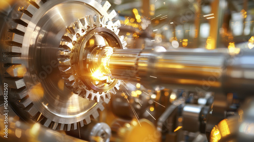 High speed machinery with rotating gears and sparks, showcasing industrial precision and engineering excellence