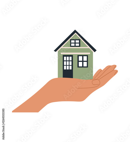 Human hand holding small green house. Social support, charity, donation, insurance, help, safety, assistance, ecology concept. Vector hand drawn flat illustration isolated on transparent background.