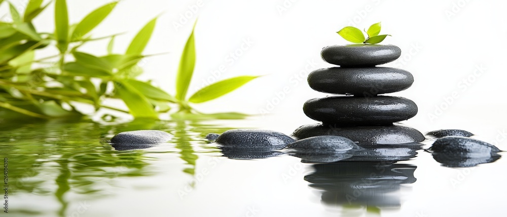 Reflective Zen stones stacked over water with fresh green leaves and soft ripples conveying tranquility, harmony, and mindfulness in spa inspired design Reflective Zen stones stacked over water with fresh green leaves and soft ripples conveying tranquility, harmony, and mindfulness in spa inspired design