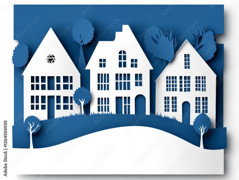 Obraz premium Snowy winter village in serene paper art style with cozy houses, white trees, and gentle shadows under a deep blue night sky, representing minimalist seasonal charm