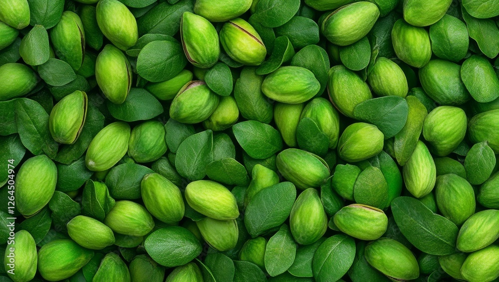 Fresh Green Pistachios with Leaves Fresh Green Pistachios with Leaves