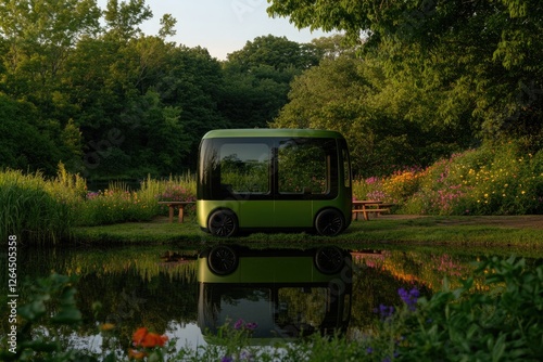 Modern eco-friendly vehicle rests beside tranquil pond, surround