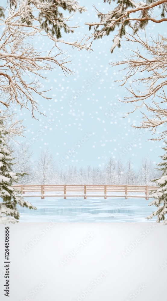 Fototapeta premium Peaceful Winter Landscape Snow Covered Trees Frame Frozen Lake and Wooden Fence