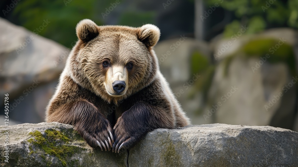 Brown bear resting peacefully on a mossy rock in a forest setting. Brown bear resting peacefully on a mossy rock in a forest setting.