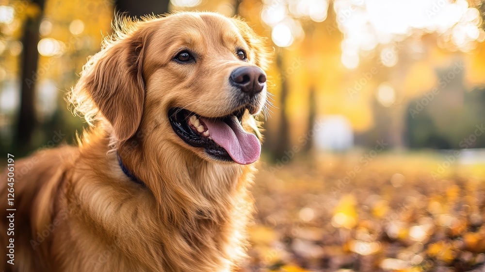 Golden retriever in autumn forest surrounded by vibrant fallen leaves. Golden retriever in autumn forest surrounded by vibrant fallen leaves.