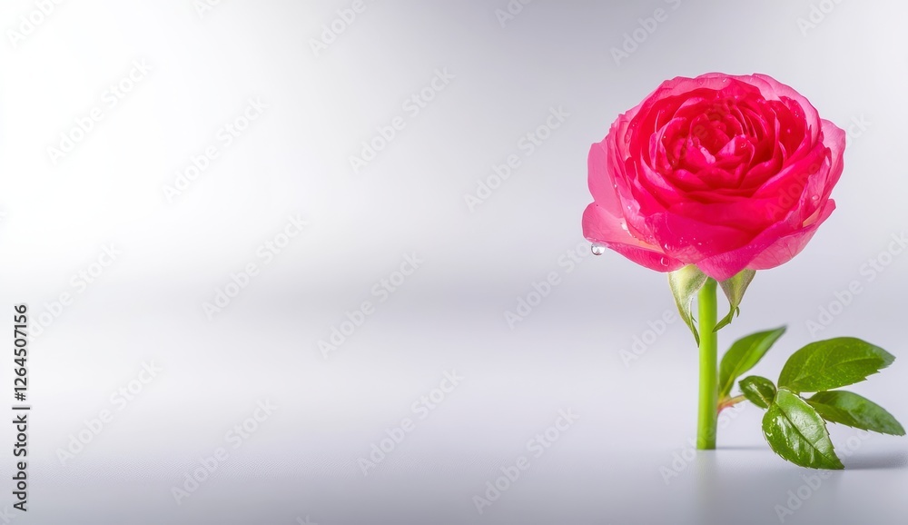 Fototapeta premium Pink Rose with Water Droplets on Light Gray Background