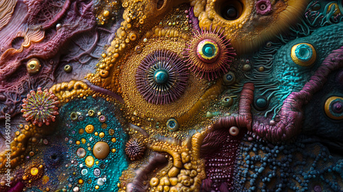 Close-up artistic representations of microscopic organisms, cells, viruses, and other intricate structures, highlighting the unseen beauty of the microcosm photo