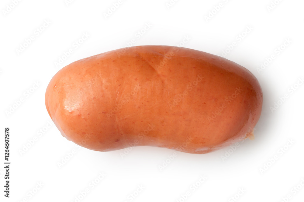 One thick short sausage on a white background. One thick short sausage on a white background.