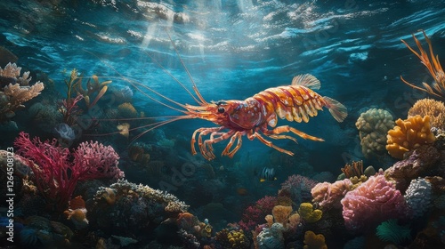 Vibrant Marine Scene with Lobster Swimming Among Colorful Corals photo