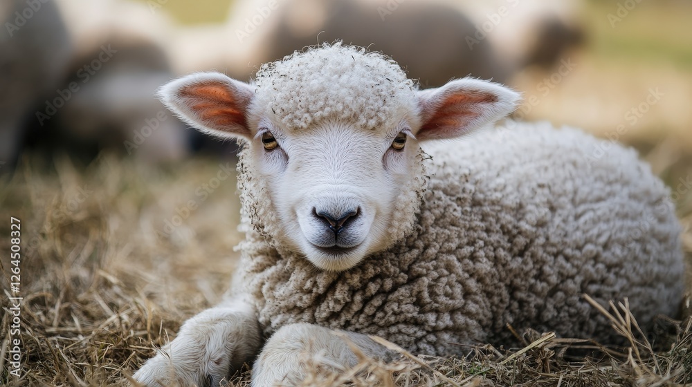 Adorable young lamb resting on golden hay in a peaceful rural setting. Adorable young lamb resting on golden hay in a peaceful rural setting.